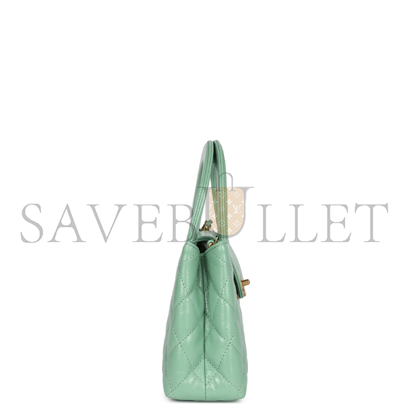 CHANEL KELLY SHOPPER LIGHT GREEN SHINY AGED CALFSKIN BRUSHED GOLD HARDWARE AS4416 (19*13*7cm)